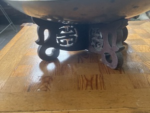 Asian Brass Bowl on Carved Rosewood Stand in Newport