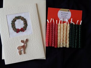 Christmas Wreath & Reindeer Card with 12 Beeswax Cake Candles. Handmade. in Newport