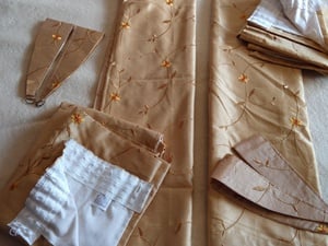 Gold Satin Embroidered pair Curtains & Tie Backs in Ventnor