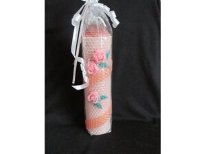Pink Beeswax Candle 8 inch tall, 2 inch wide with Rose decoration. Handmade in Newport