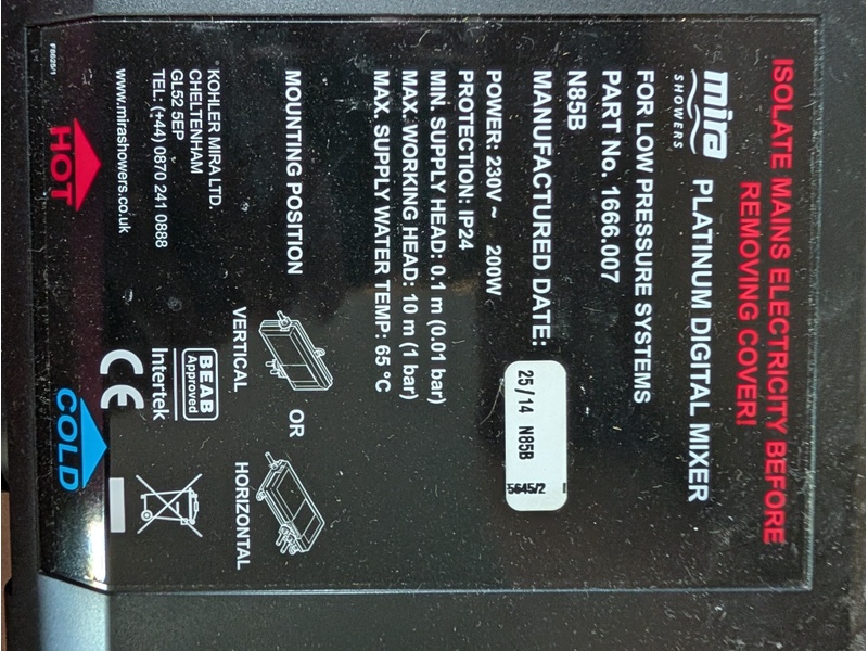 Mira shower Platinum Digital Mixer for low pressure systems