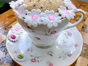 Handmade Tea Cup Pin Cushion Cup and Saucer in white and pink in East Cowes