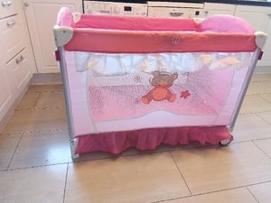 Baby  Joy  pink pack and play swith Teddy bear design  travel cot playpen with mattress lockable whe in Newport