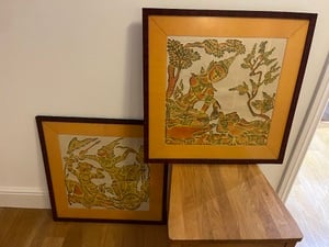 Vintage Thai temple rubbing on rice paper with mahogany frame  x2 in Cowes