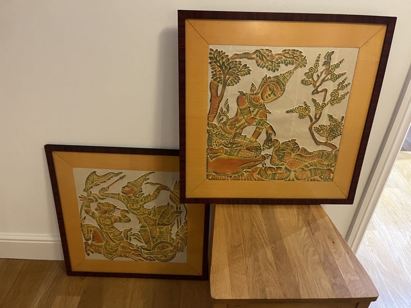 Vintage Thai temple rubbing on rice paper with mahogany frame  x2 in Cowes