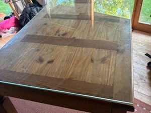 Pine dining table, glass top with 2 x drawers in Cowes