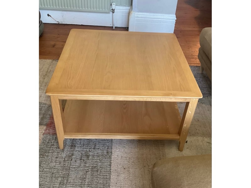 Coffee table “Saxby”: large square oak with under shelf - REDUCED TO SELL