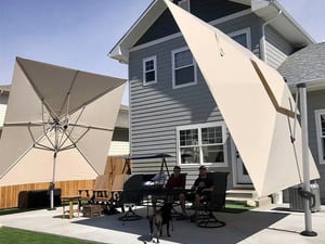Purple Leaf large rectangular cantilever parasol and fixed base in Bembridge