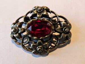 Vintage Victorian Brooch, Filigree design with Large Central Red Stone in Freshwater