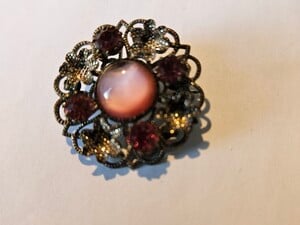 Vintage Czechoslovakian Floral Filigree Brooch featuring Pink Glass Stones in Freshwater