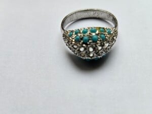 Vintage Silver Dome Ring with Turquoise and Sparkling White Stones, Hallmarked in Freshwater