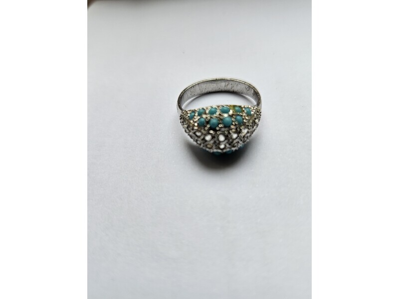 Vintage Silver Dome Ring with Turquoise and Sparkling White Stones, Hallmarked in Freshwater