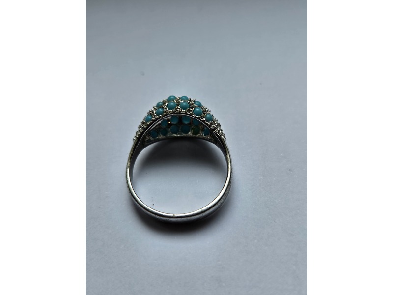 Vintage Silver Dome Ring with Turquoise and Sparkling White Stones, Hallmarked
